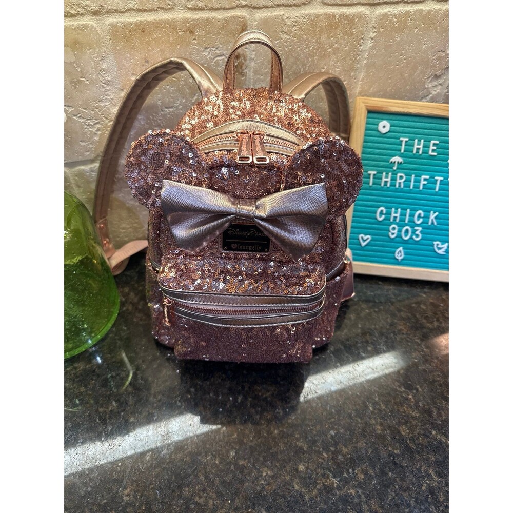 Disney Parks Exclusive Loungefly Sequined Rose Gold Pink Mini Backpack Bag EUC - Picture 3 of 12